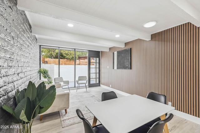 office space featuring recessed lighting, beamed ceiling, baseboards, and wood finished floors