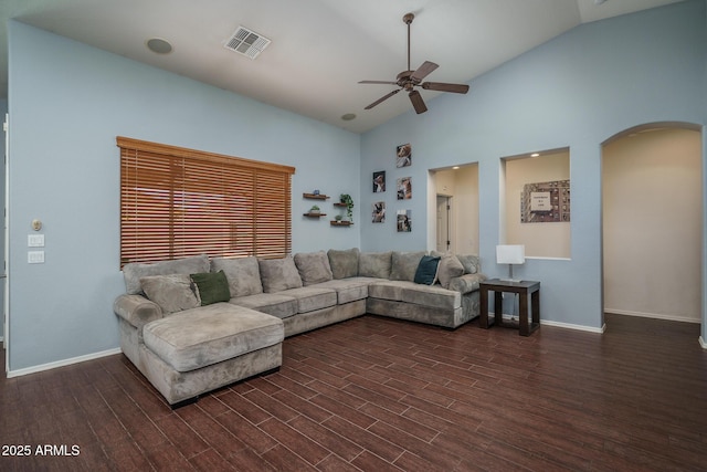 12503 W Vista Paseo Dr, Litchfield Park, AZ 85340 - living room with visible vents, a ceiling fan, arched walkways, and wood finished floors