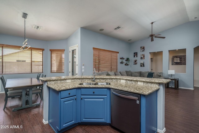 12503 W Vista Paseo Dr, Litchfield Park, AZ 85340 - kitchen with visible vents, open floor plan, dishwasher, and blue cabinets