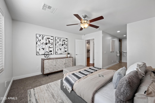 carpeted bedroom featuring ceiling fan