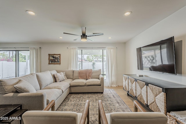 8320 E Monte Vista Rd, Scottsdale, AZ 85257 - living room with a ceiling fan, recessed lighting, and light wood-style flooring