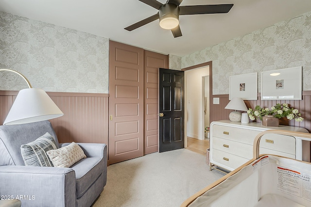 8320 E Monte Vista Rd, Scottsdale, AZ 85257 - bedroom featuring wallpapered walls, a wainscoted wall, and carpet flooring