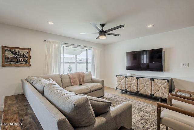 8320 E Monte Vista Rd, Scottsdale, AZ 85257 - living room featuring a ceiling fan, wood finished floors, recessed lighting, and baseboards