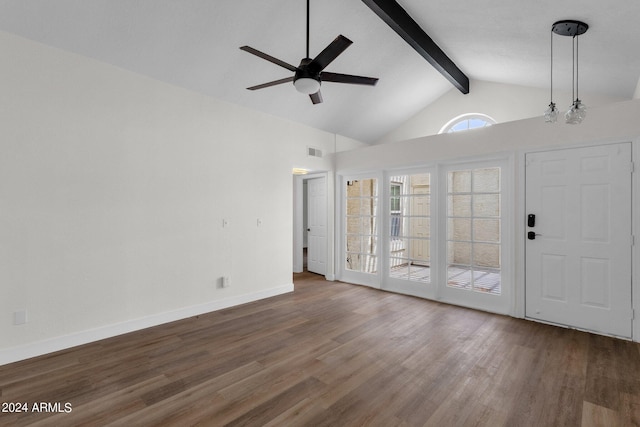 interior space featuring ceiling fan, high vaulted ceiling, dark wood-type flooring, and beam ceiling