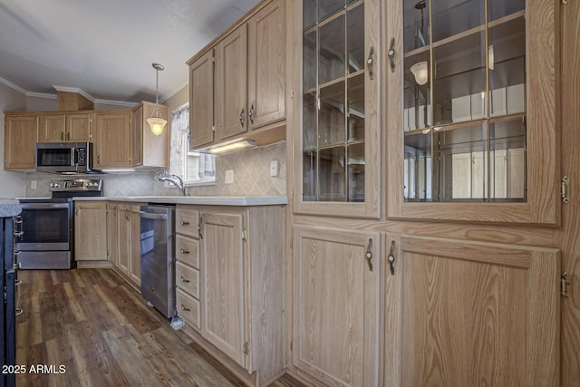 kitchen with backsplash, dark hardwood / wood-style floors, hanging light fixtures, appliances with stainless steel finishes, and light brown cabinetry