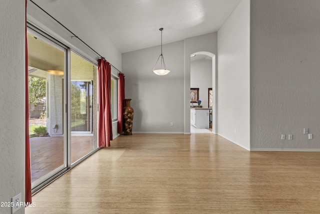 1135 W Sea Fog Dr, Gilbert, AZ 85233 - unfurnished room with arched walkways, wood finished floors, a textured wall, and vaulted ceiling