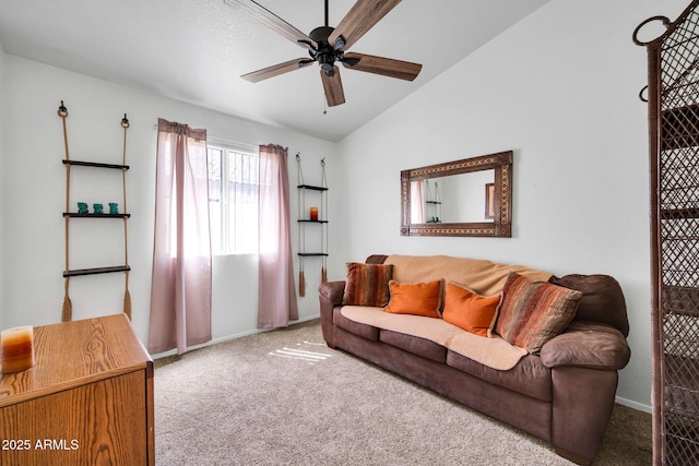 10745 W Beaubien Dr, Sun City, AZ 85373 - living room featuring lofted ceiling, baseboards, carpet, and ceiling fan