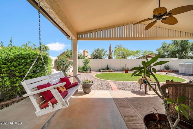 10745 W Beaubien Dr, Sun City, AZ 85373 - view of patio / terrace with a ceiling fan and a fenced backyard