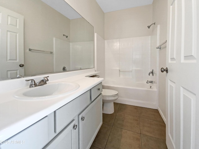 bathroom with bathtub / shower combination, vanity, toilet, and tile patterned floors