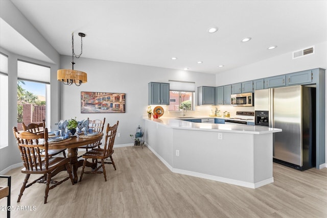 kitchen featuring blue cabinets, visible vents, stainless steel appliances, a peninsula, and light countertops