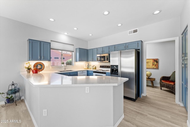 kitchen with blue cabinets, visible vents, appliances with stainless steel finishes, a peninsula, and light countertops