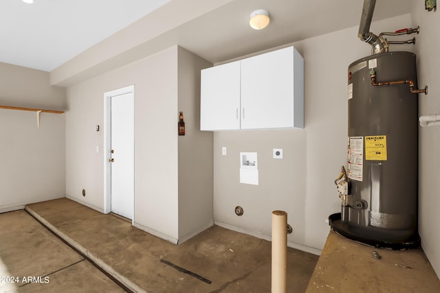 laundry room with water heater, washer hookup, cabinets, and electric dryer hookup