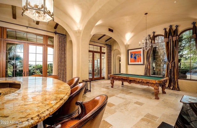 playroom featuring plenty of natural light, french doors, lofted ceiling, and billiards