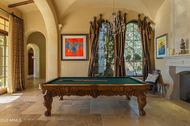 playroom featuring high vaulted ceiling and pool table