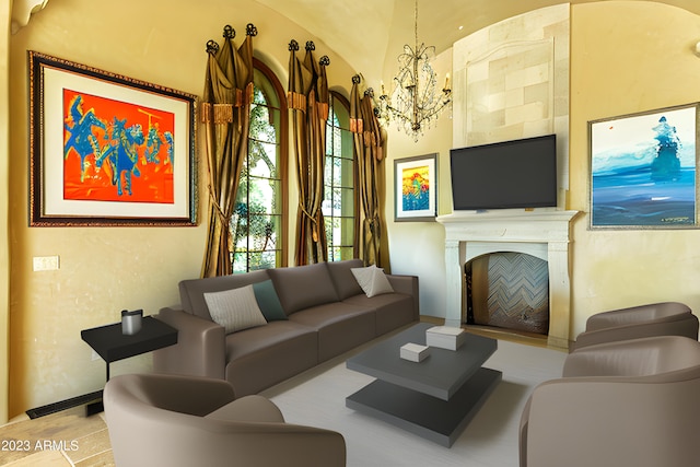 living room featuring a chandelier, light wood-type flooring, and vaulted ceiling