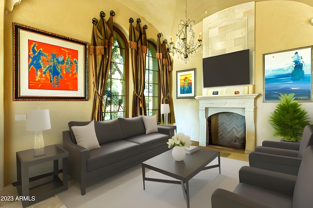 living room with vaulted ceiling and an inviting chandelier