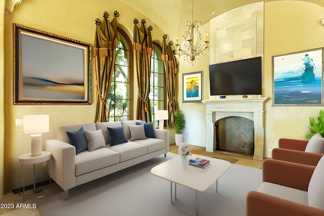 living room featuring a notable chandelier