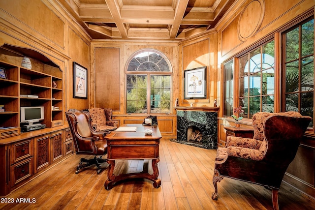 office area featuring wood walls, plenty of natural light, light hardwood / wood-style floors, and coffered ceiling