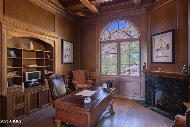 office with beam ceiling, dark hardwood / wood-style floors, coffered ceiling, and wood walls