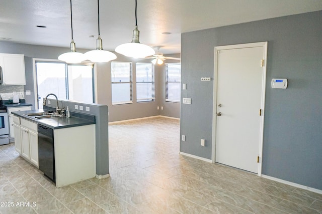 kitchen with dishwasher, backsplash, sink, decorative light fixtures, and white cabinetry