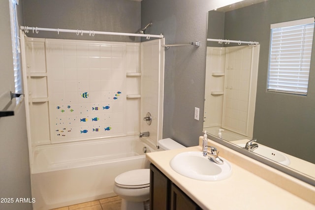 full bathroom with tile patterned flooring, vanity, toilet, and shower / washtub combination