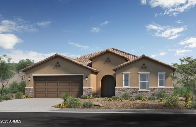 mediterranean / spanish-style house with a garage, a tile roof, driveway, stone siding, and stucco siding