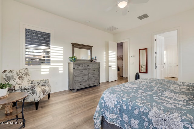 bedroom featuring ceiling fan and light hardwood / wood-style flooring