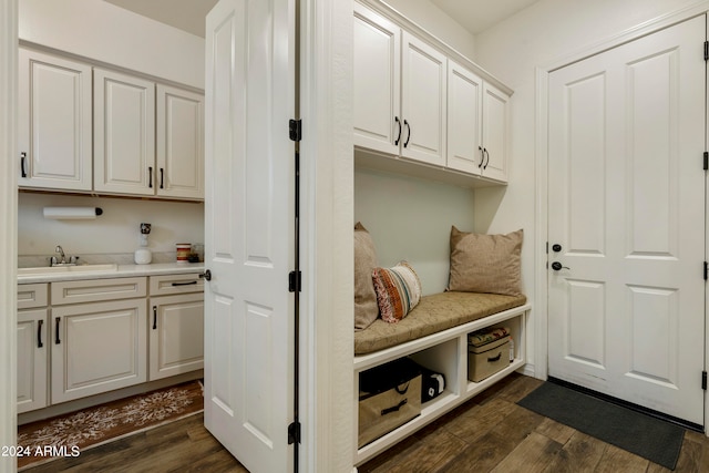 mudroom with dark hardwood / wood-style flooring and sink