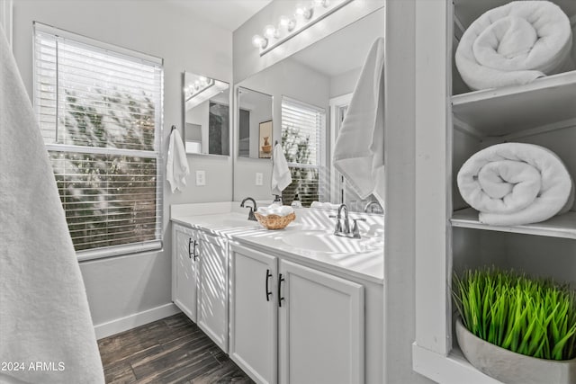 bathroom with vanity, a healthy amount of sunlight, and wood-type flooring