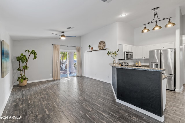 kitchen featuring dark wood-type flooring, ceiling fan, light stone counters, white cabinetry, and stainless steel appliances