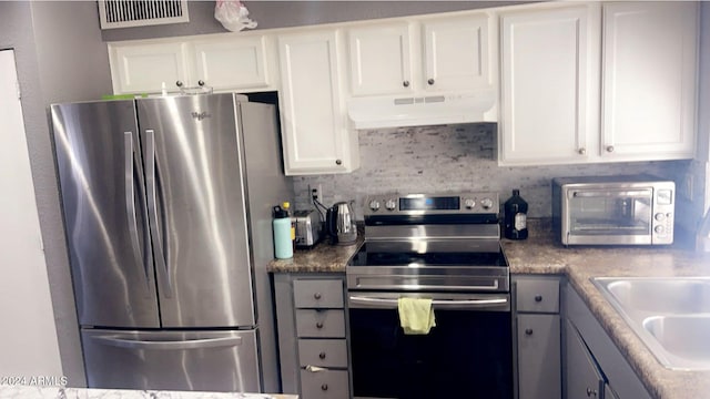 kitchen with backsplash, gray cabinetry, stainless steel appliances, sink, and white cabinets