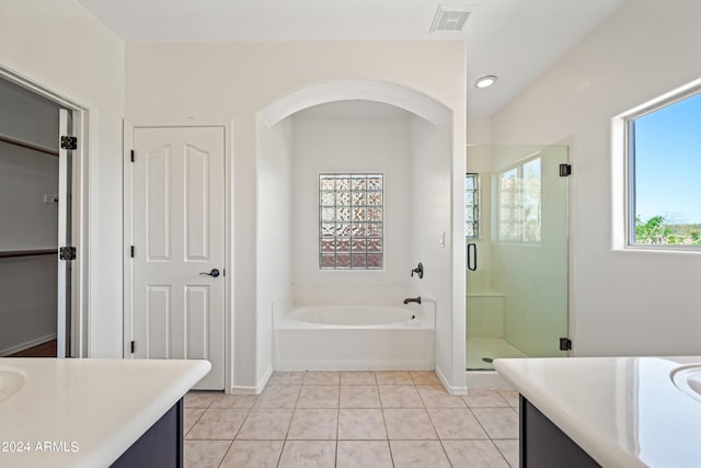 16914 E Britt Ct, Fountain Hills, AZ 85268 - full bathroom featuring a shower stall, visible vents, a bath, tile patterned floors, and vanity