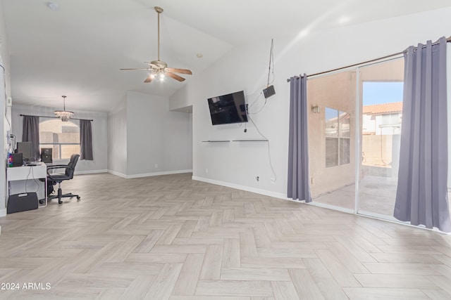 living room with light parquet flooring, ceiling fan, and lofted ceiling