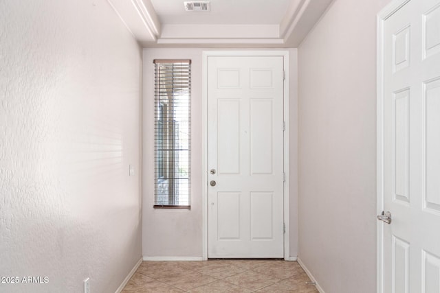19319 E Thornton Rd, Queen Creek, AZ 85142 - entryway with baseboards, light tile patterned floors, and a tray ceiling