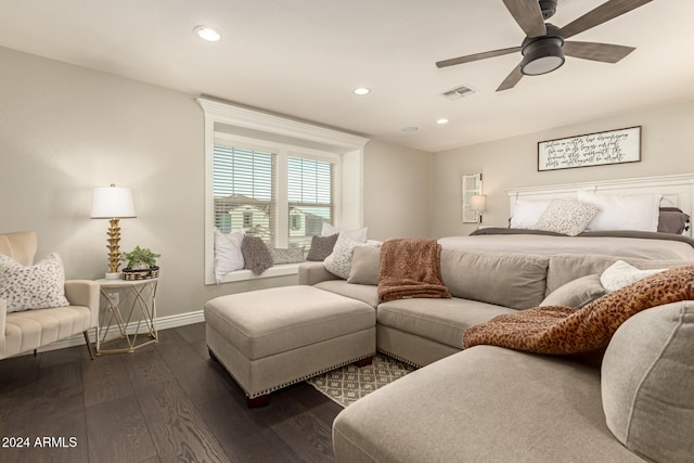 bedroom featuring dark hardwood / wood-style flooring and ceiling fan