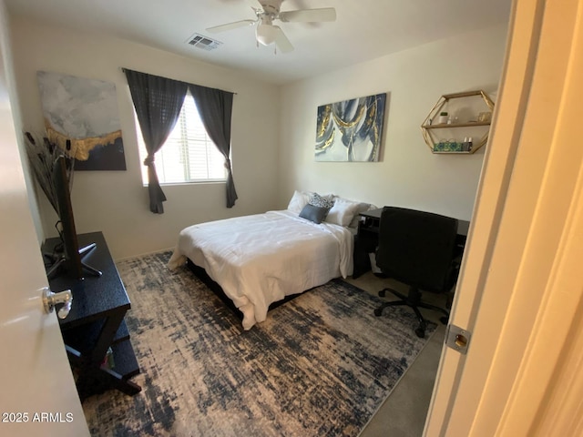 bedroom featuring visible vents and ceiling fan