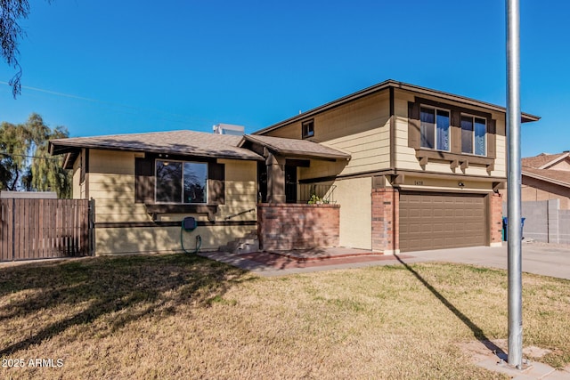 view of front of home with brick siding, fence, a garage, driveway, and a front lawn