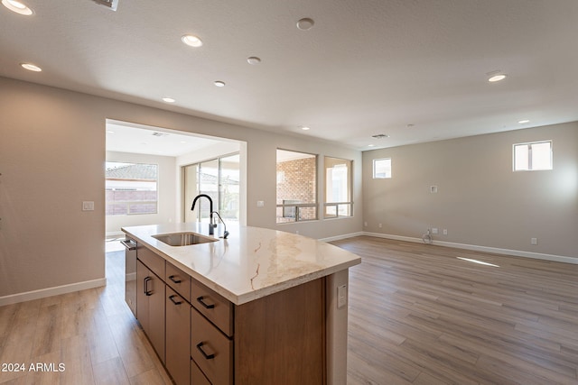 kitchen featuring light hardwood / wood-style flooring, a healthy amount of sunlight, sink, and an island with sink