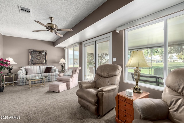 living room with ceiling fan, carpet, and a textured ceiling