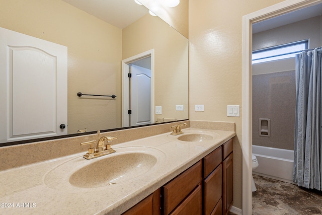 full bathroom featuring toilet, shower / tub combo with curtain, and vanity