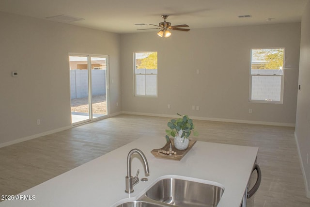 kitchen featuring a wealth of natural light, light hardwood / wood-style floors, and ceiling fan