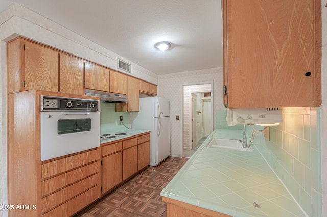 5228 E Des Moines St, Mesa, AZ 85205 - kitchen with white appliances, under cabinet range hood, a sink, and tile countertops