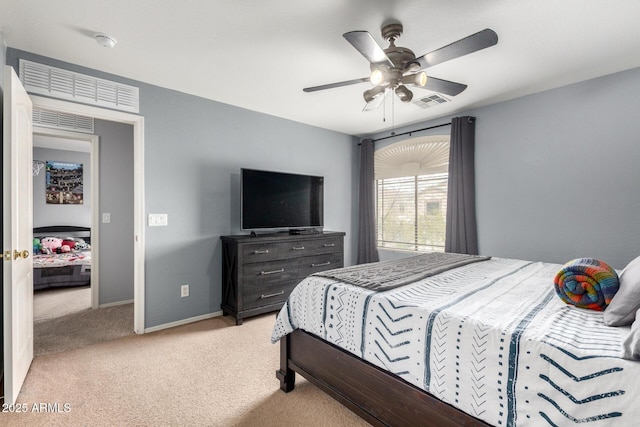 bedroom featuring visible vents, light colored carpet, baseboards, and ceiling fan