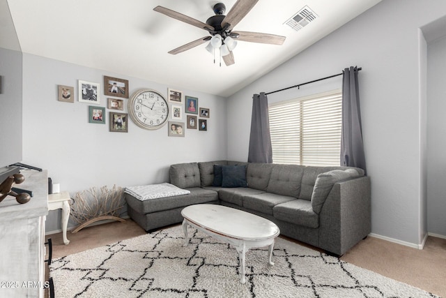 living area featuring a ceiling fan, visible vents, carpet floors, baseboards, and lofted ceiling