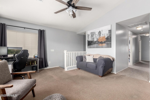 carpeted living room featuring visible vents, baseboards, lofted ceiling, and a ceiling fan