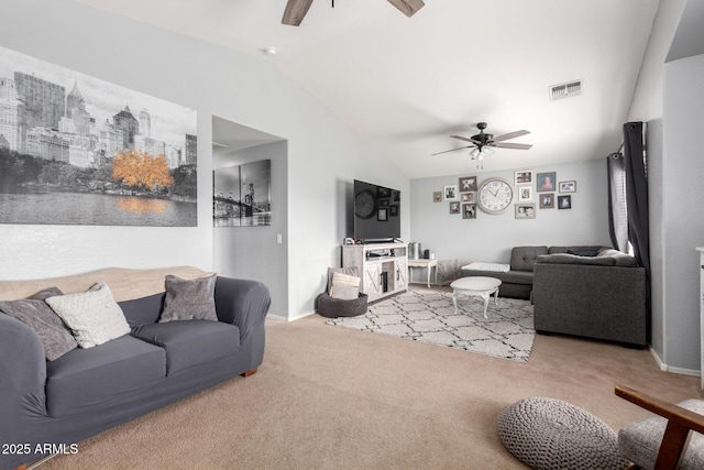 carpeted living room with visible vents, baseboards, lofted ceiling, and a ceiling fan