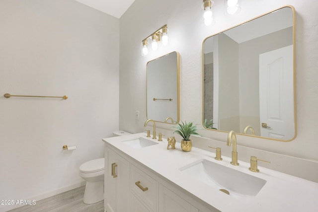 bathroom with vanity, hardwood / wood-style floors, and toilet