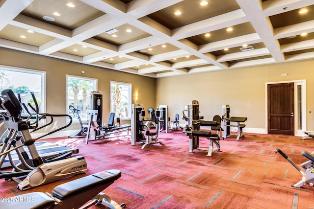 1367 S Country Club Dr Unit 1331, Mesa, AZ 85210 - exercise room featuring coffered ceiling, recessed lighting, light colored carpet, and beamed ceiling