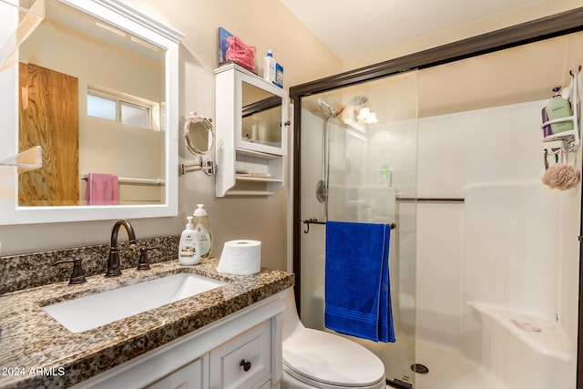 bathroom featuring vanity, toilet, and a shower with door