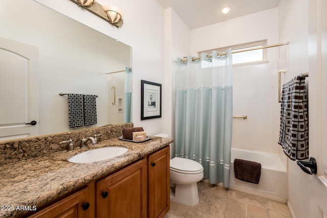 full bathroom with shower / tub combo, vanity, and toilet